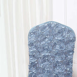 Dusty Blue Satin Rosette Spandex Stretch Banquet Chair Cover, Fitted Slip On Chair Cover