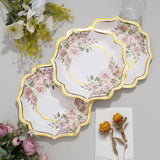 25 Pack | 8inch White/Gold Floral Scallop Rim Salad Party Paper Plates, Appetizer Dessert Plates