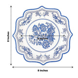 25-Pack Paper Dessert Plates in White with Light Blue Damask Floral Print & Scallop Rim