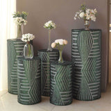 Set of 5 Hunter Emerald Green Sequin Mesh Cylinder Pedestal Pillar Prop Covers with Geometric