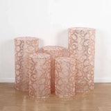 Set of 5 Rose Gold Sequin Mesh Cylinder Pedestal Pillar Prop Covers with Leaf Vine Embroidery