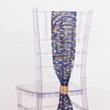 6inch x 88inch Royal Blue Gold Wave Embroidered Sequin Mesh Chair Sashes