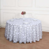 120inch Silver Sequin Leaf Embroidered Seamless Tulle Round Tablecloth, Sheer Table Overlay
