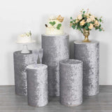 Set of 5 Silver Crushed Velvet Cylinder Pedestal Stand Covers, Premium Pillar Prop Covers