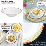 10 Pack | White Round 12oz Disposable Plastic Soup Bowl With Gold Vine and Royal Blue Rim