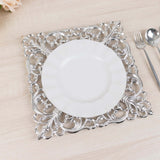 6 Pack Silver Square Acrylic Charger Plates with Hollow Lace Border