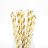 25 Pack 8" White/Gold Striped Disposable Paper Straws#whtbkgd