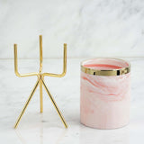 8" Pink | White Marble Swirl Ceramic Flower Pot Succulent Planter with Metal Gold Stand