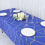 60"x102" Royal Blue Rectangle Polyester Tablecloth With Gold Foil Geometric Pattern