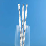 25 Pack 8" White/Silver Striped Disposable Paper Straws