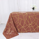 Terracotta (Rust) Seamless Rectangle Polyester Tablecloth Gold Foil Geometric Pattern 90x132inch