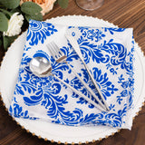 5 Pack Royal Blue White Damask Flocking Taffeta Napkins, Decorative Cloth Napkins