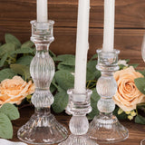 Set of 3 Clear Ribbed Glass Taper Candlestick Holders, Fluted Crystal Candle Stands