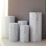 Set of 5 Silver Sequin Mesh Cylinder Pedestal Pillar Prop Covers with Leaf Vine Embroidery