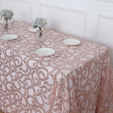 90x156inch Blush Rose Gold Sequin Leaf Embroidered Rectangular Tablecloth, Sheer Table Overlay