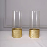 2 Pack | 12inch Glass Cylinder Vases with Gold Honeycomb Base | Glass Candle Holder Set