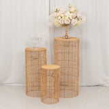 Set of 3 Natural Woven Rattan Wicker Pedestal Stand Floor Lamp Shades with Wave Pattern