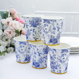 24 Pack | 9oz Blue Chinoiserie Floral Paper Cups with Gold Rim, Elegant Disposable Party Cups