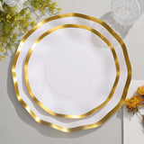 25 Pack | 8inch Matte White / Gold Wavy Rim Disposable Salad Plates, Appetizer Dessert Party Plates