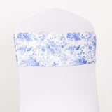 5 Pack White Blue Satin Chair Sashes in French Toile Floral Pattern