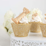 25 Pack | Gold Lace Laser Cut Paper Cupcake Wrappers, Muffin Baking Cup Trays