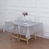 72"x72" Silver Sequin Leaf Embroidered Tulle Table Overlay, Square Sheer Table Topper