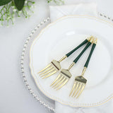 24 Pack | 6inch Gold / Hunter Emerald Green Plastic Dessert Forks With Roman Column Handle