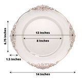 6 Pack | 13inch Clear Rose Gold Embossed Baroque Round Charger Plates With Antique Design Rim