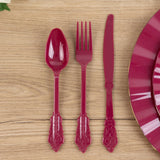 72 Pack Burgundy Plastic Silverware Set in Baroque Style, Heavy Duty Disposable Forks