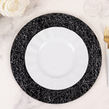 6 Pack Black Glitter Acrylic Charger Plates with Silver Abstract Lines Pattern