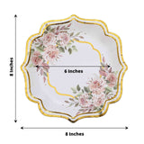 25 Pack | 8inch White/Gold Floral Scallop Rim Salad Party Paper Plates, Appetizer Dessert Plates