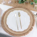 15inch Round Natural Rustic Burlap Jute Placemats Fringed Edges, Farmhouse Placemats with Trim