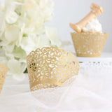 25 Pack | Gold Lace Laser Cut Paper Cupcake Wrappers, Muffin Baking Cup Trays