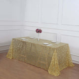 90x156inch Gold Sequin Leaf Embroidered Rectangular Tablecloth, Seamless Sheer Table Overlay