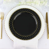 10inch Black / Gold 3D Disposable Dinner Plates With Dotted Rim Design, Round Plastic Party Plates