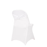 White Spandex Folding Chair Covers with Silver Rhinestone Buckled Sash Band