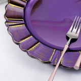 6 Pack | 13inch Round Purple Acrylic Plastic Charger Plates With Gold Brushed Wavy Scalloped Rim