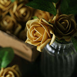 24 Roses | 2inch Gold Artificial Foam Flowers With Stem Wire and Leaves