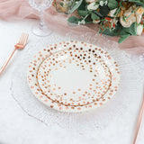 25 Pack | 9inch White Metallic Rose Gold Polka Dot Dinner Paper Plates