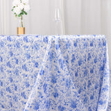 90"x156" White Blue Seamless Satin Rectangular Tablecloth in French Toile Floral Pattern