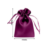 Purple satin drawstring bag, 3x4 inches, isolated on white background.