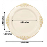 10 Pack | 10inch Ivory Gold Leaf Embossed Baroque Plastic Dinner Plates