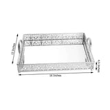 Fleur De Lis Silver Metal Decorative Vanity Serving Tray with handles, Rectangle Mirrored Tray