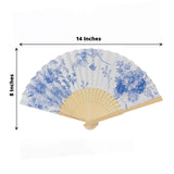 5-Pack Paper Folding Fans Party Favors in White & Blue French Toile Pattern, Handheld Fans