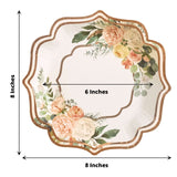 25 Pack | 8inch White / Rose Gold Floral Scallop Rim Salad Party Paper Plates, Dessert Plates