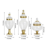 Set of 3 | Large Gold Trim Glass Apothecary Party Favor Candy Jars With Snap On Lids