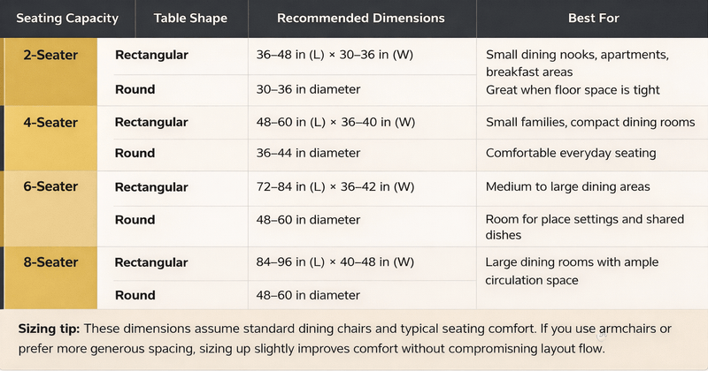 Dining table size chart