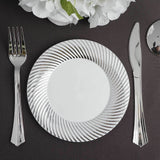 10 Pack | 6inch White / Silver Swirl Rim Disposable Salad Plates, Round Plastic Dessert Plates