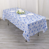 60"x102" White Blue Satin Rectangular Tablecloth in French Toile Floral Pattern, Wrinkle Resistant