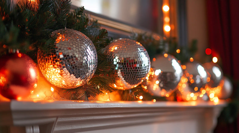 Disco ball ornaments on a mantel with greenery and warm lights